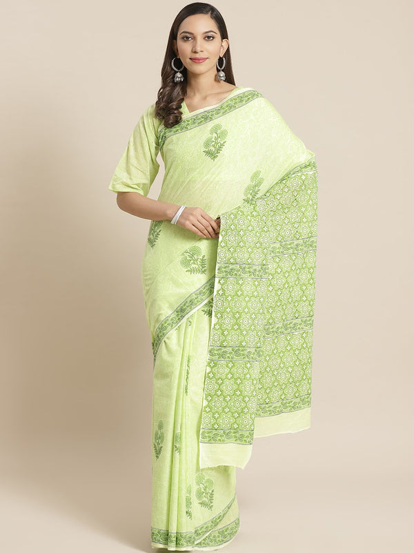 Women limegreen Ethnic print Saree with atteched blouse piece | NOZ2TOZ - Made In INDIA.