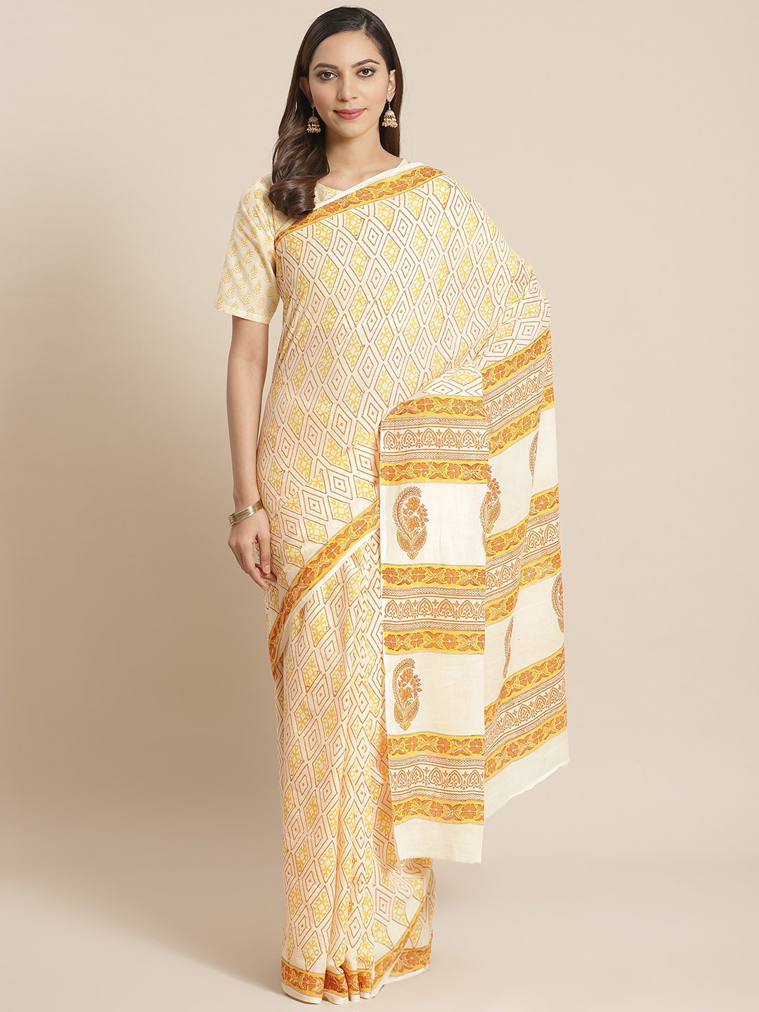 Women White and Orange burfi Ethnic print Saree with atteched blouse piece | NOZ2TOZ - Made In INDIA.