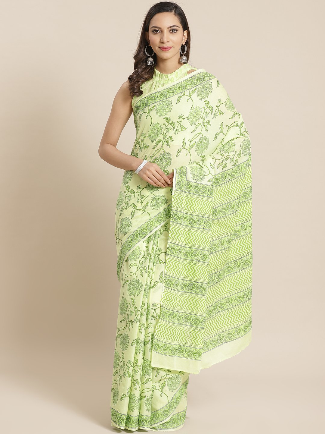 Women Limegreen Ethnic print Saree with atteched blouse piece | NOZ2TOZ - Made In INDIA.