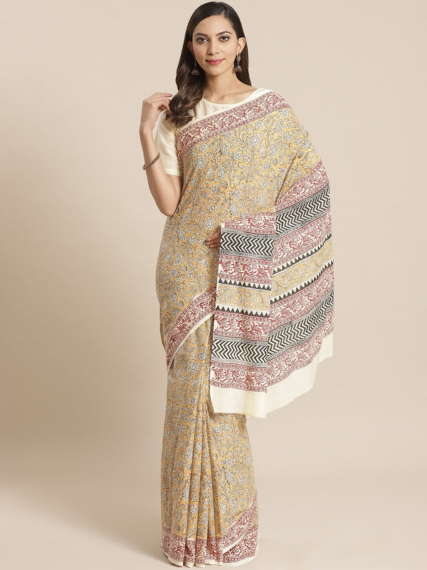 Women Beige and Maroon Ethnic floral print Saree with atteched blouse piece | NOZ2TOZ - Made In INDIA.