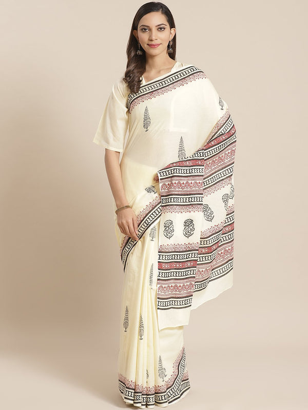 Women Cream Ethnic print Saree with atteched blouse piece | NOZ2TOZ - Made In INDIA.