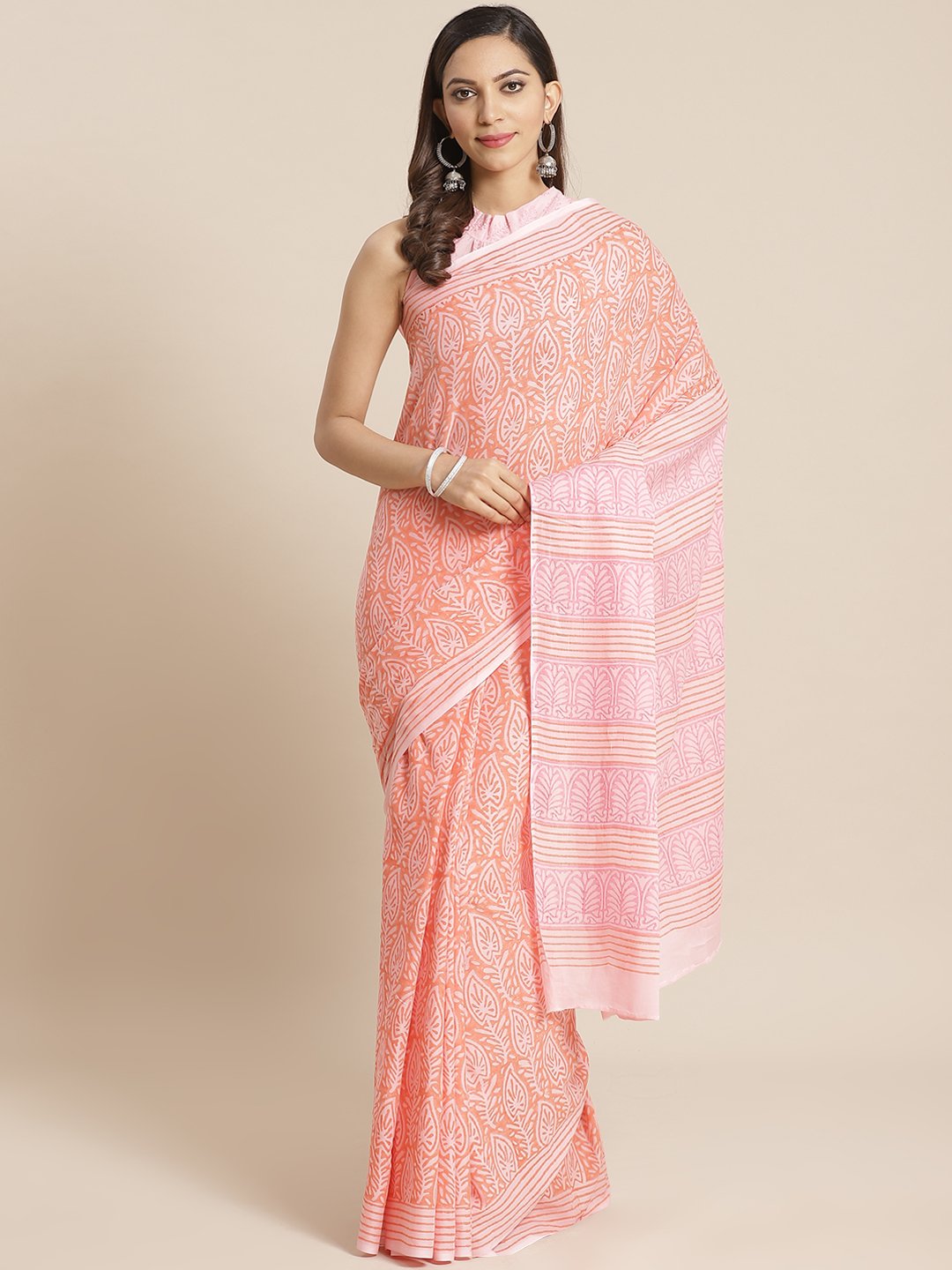 Women Peach Ethnic print Saree with atteched blouse piece | NOZ2TOZ - Made In INDIA.