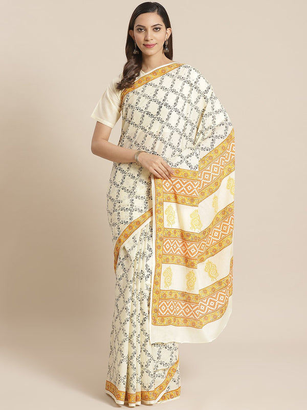 Women Offwhite and black Geometric print Saree with atteched blouse piece | NOZ2TOZ - Made In INDIA.