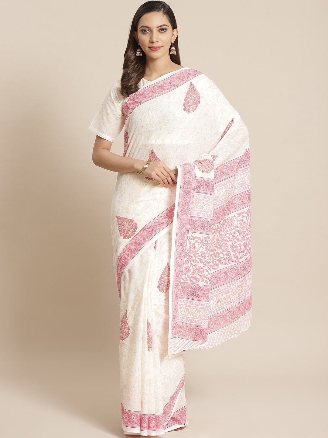 Women Offwhite and pink Ethnic print Saree with atteched blouse piece | NOZ2TOZ - Made In INDIA.