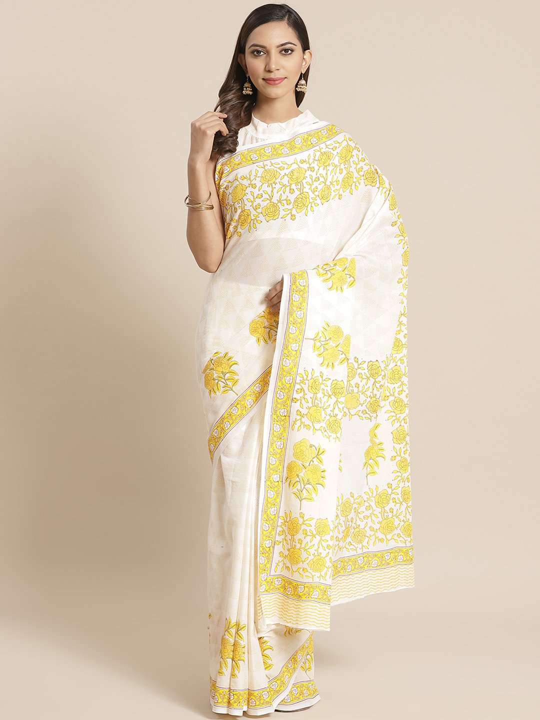 Women white and yellow Floral print Saree with atteched blouse piece | NOZ2TOZ - Made In INDIA.