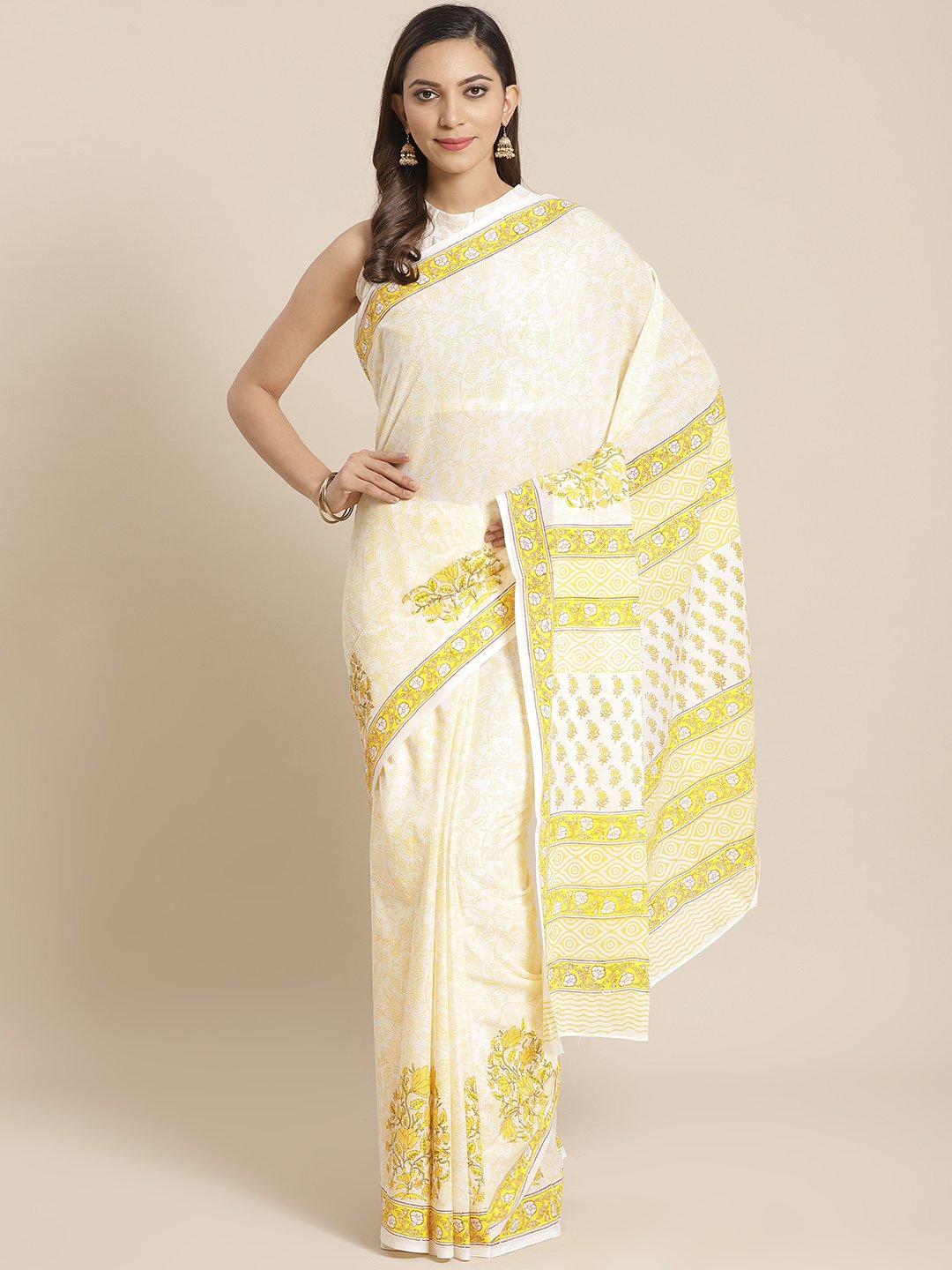 Women white and yellow Floral print Saree with atteched blouse piece | NOZ2TOZ - Made In INDIA.