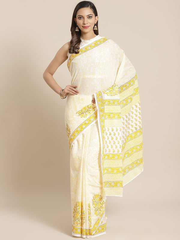 Women white and yellow Floral print Saree with atteched blouse piece | NOZ2TOZ - Made In INDIA.