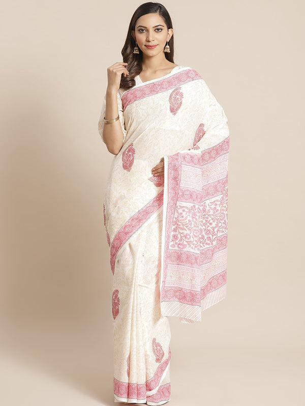 Women white and pink ethnic print Saree with atteched blouse piece | NOZ2TOZ - Made In INDIA.