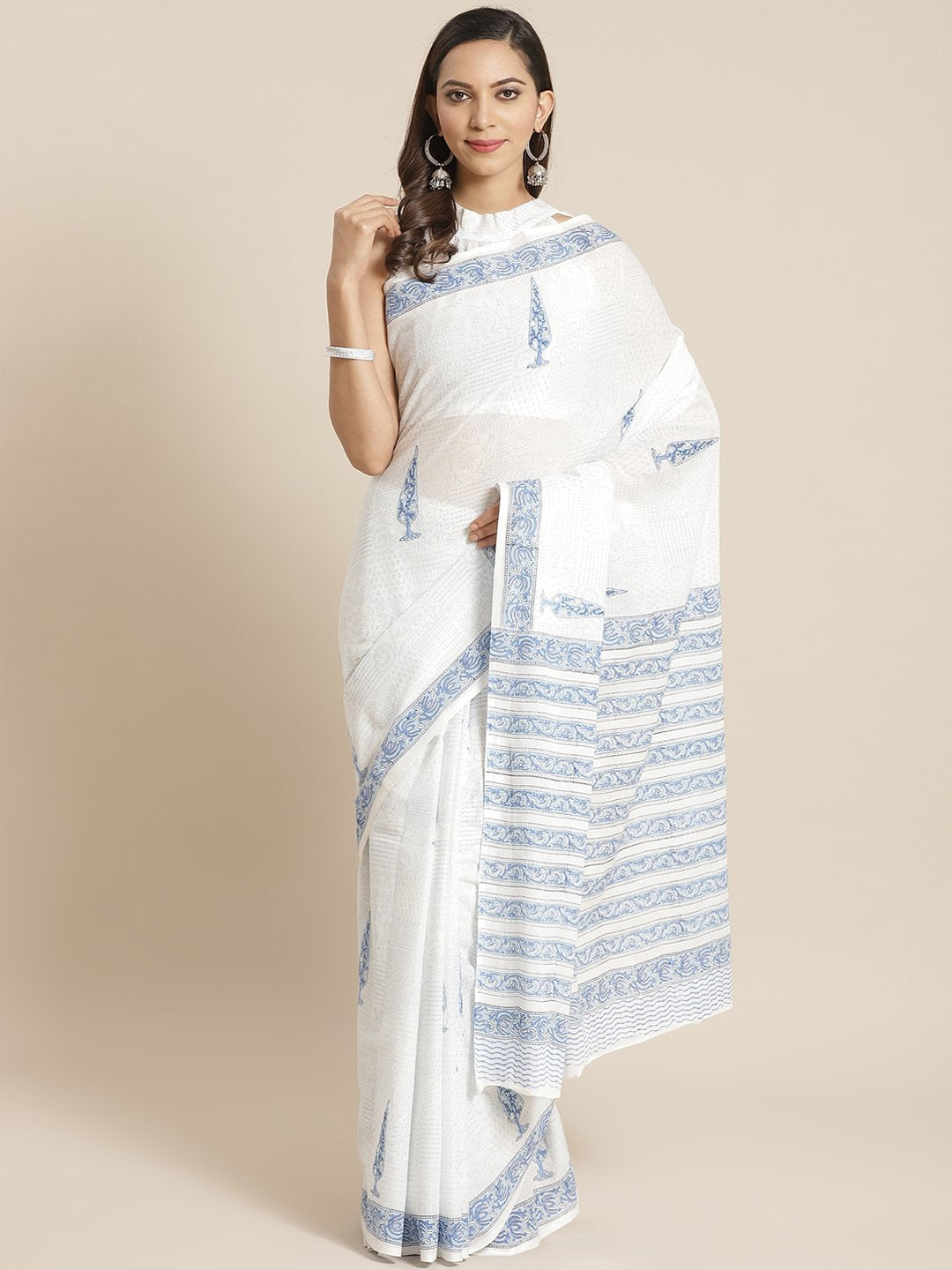 Women White and Blue ethnic print Saree with atteched blouse piece | NOZ2TOZ - Made In INDIA.