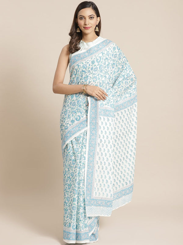 Women White and Blue ethnic print Saree with atteched blouse piece | NOZ2TOZ - Made In INDIA.