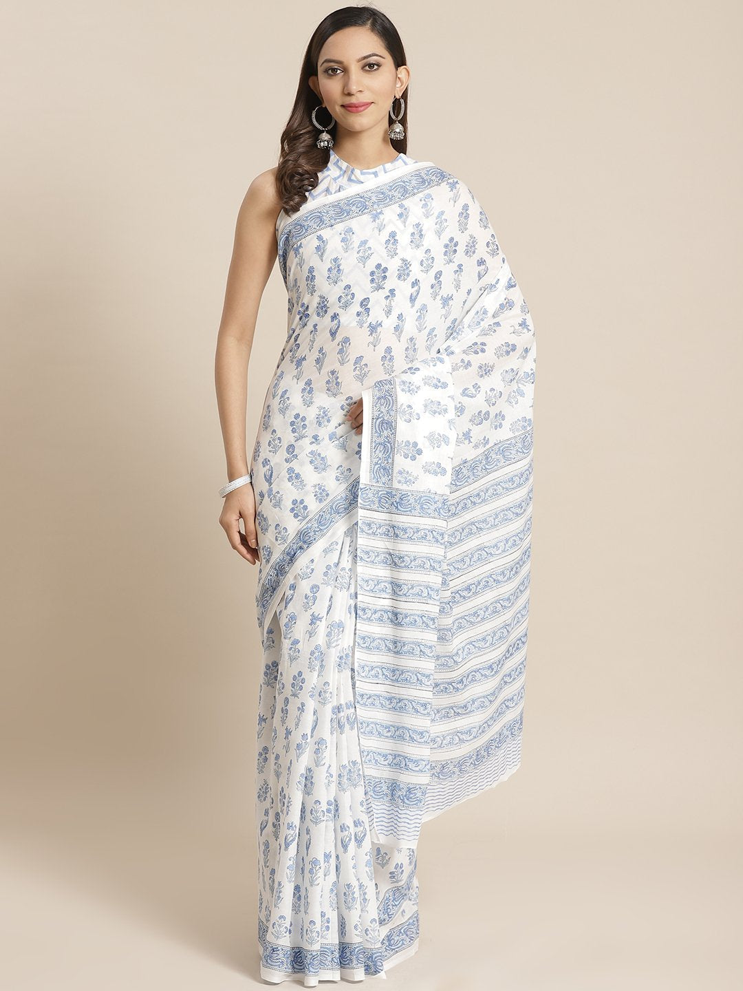 Women White and Blue ethnic print Saree with atteched blouse piece | NOZ2TOZ - Made In INDIA.