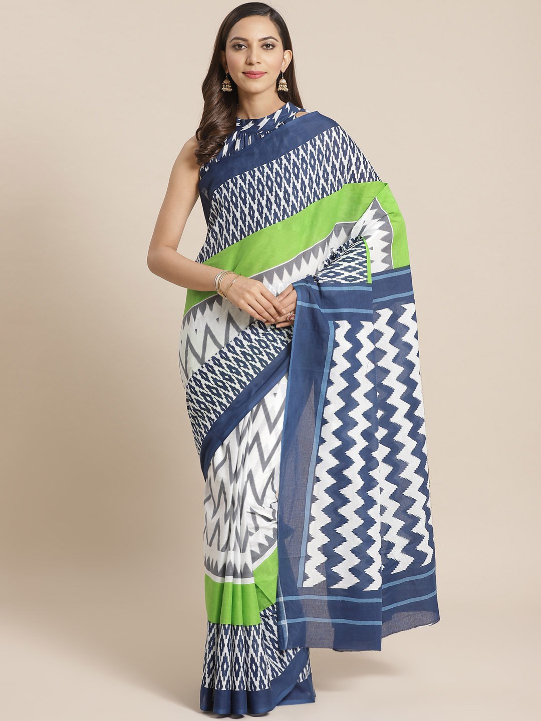 Women White and multi aztec print Saree with atteched blouse piece | NOZ2TOZ - Made In INDIA.