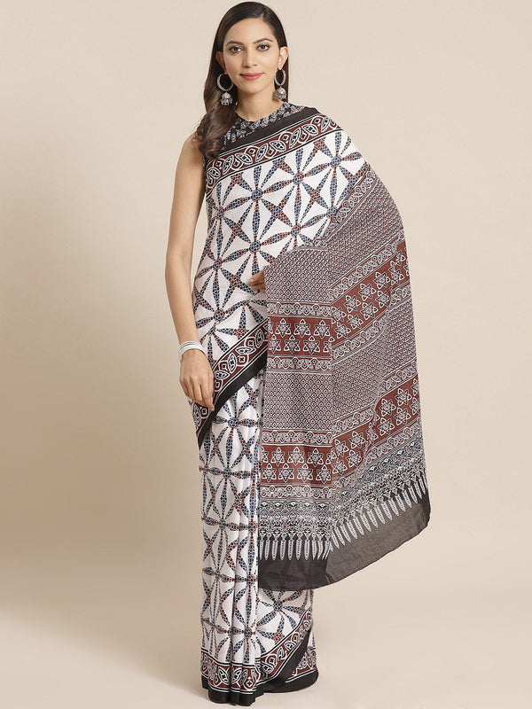 Women White and multi Geometric print Saree with atteched blouse piece | NOZ2TOZ - Made In INDIA.