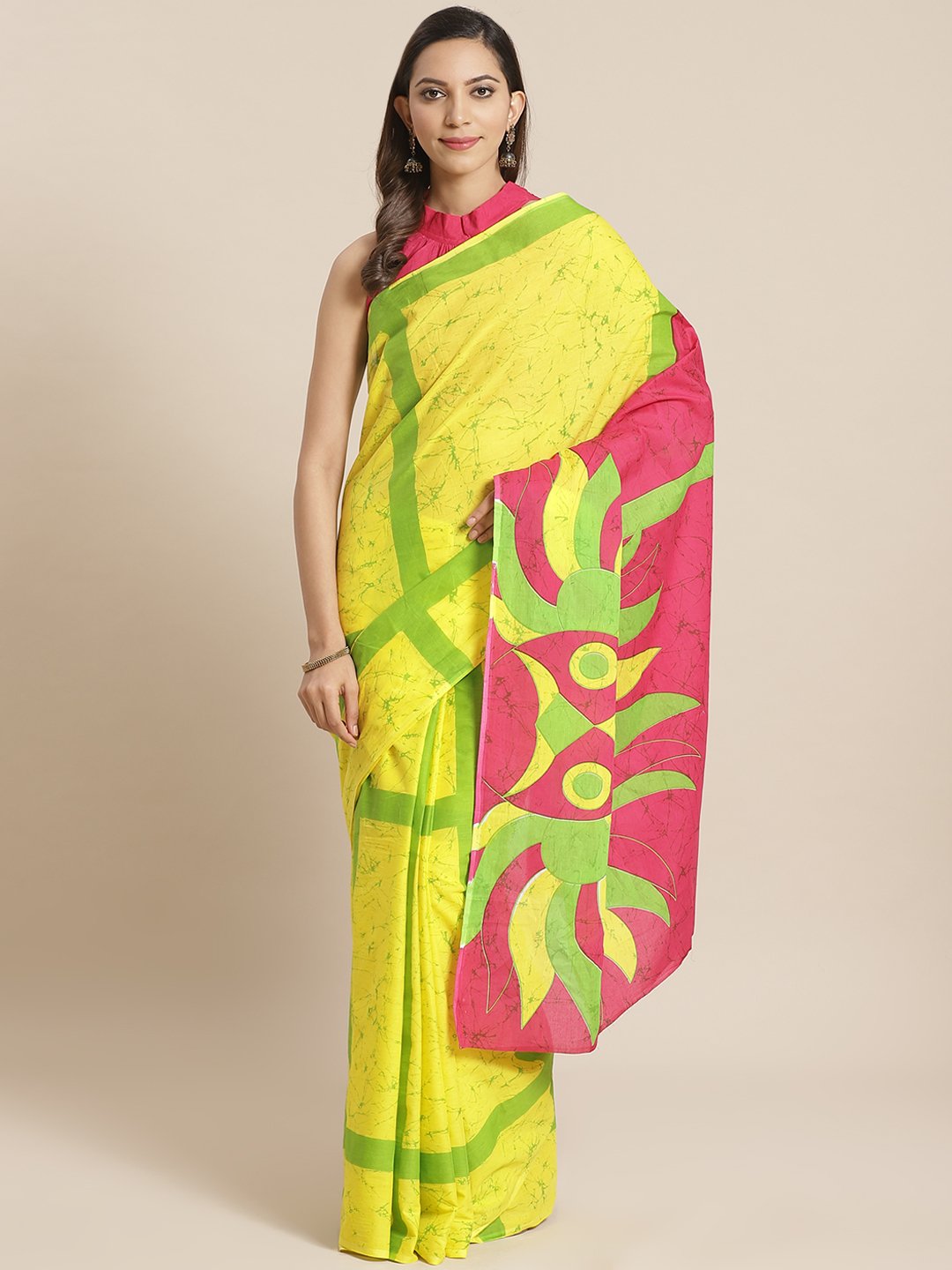 Women Yellow and Green print Saree with atteched blouse piece | NOZ2TOZ - Made In INDIA.