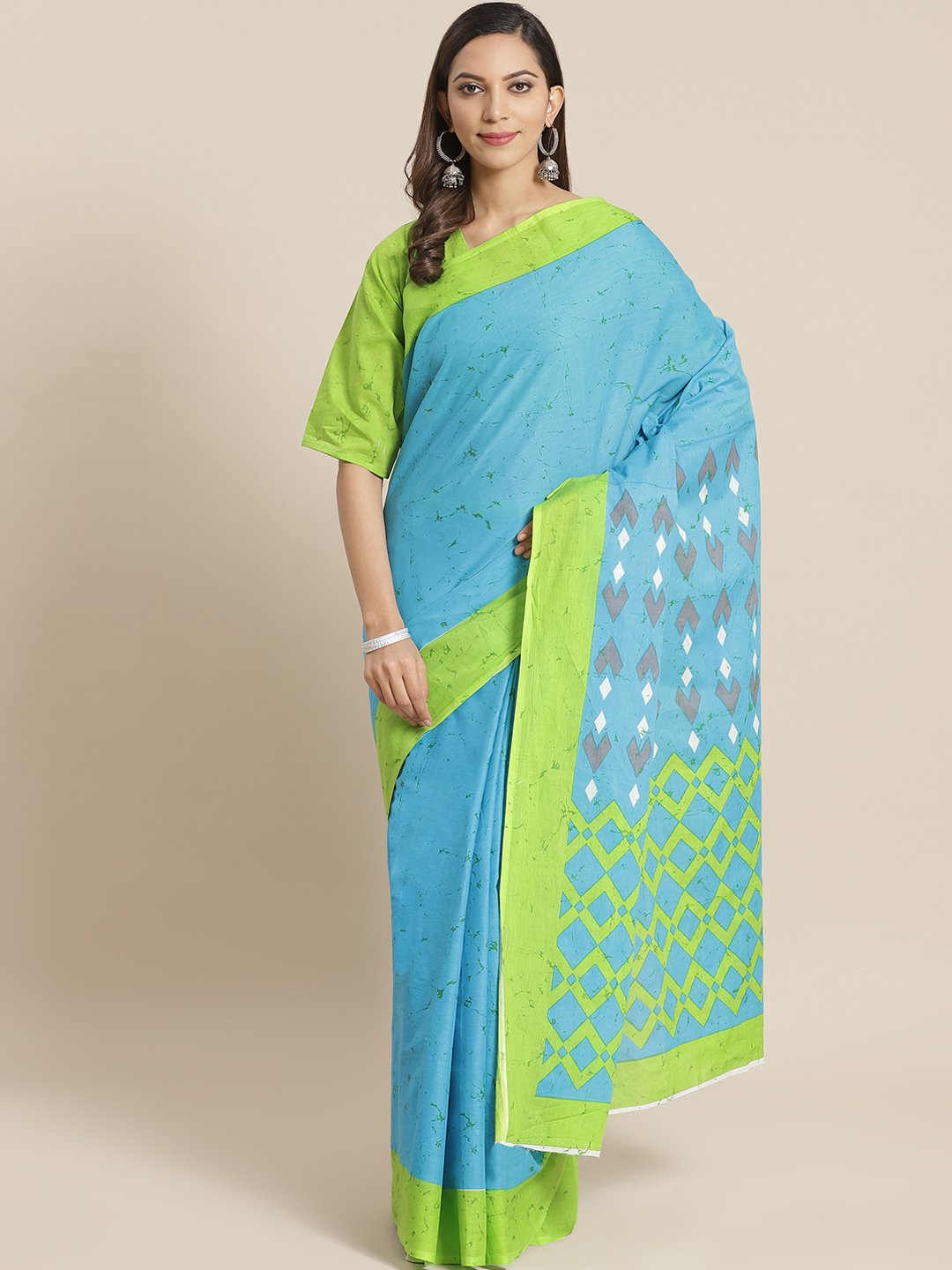 Wome Green and Blue printed Saree with atteched blouse piece | NOZ2TOZ - Made In INDIA.