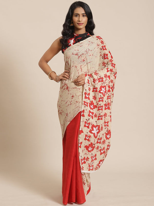 Wome Beige and Red dual tone printed Saree with atteched blouse piece | NOZ2TOZ - Made In INDIA.