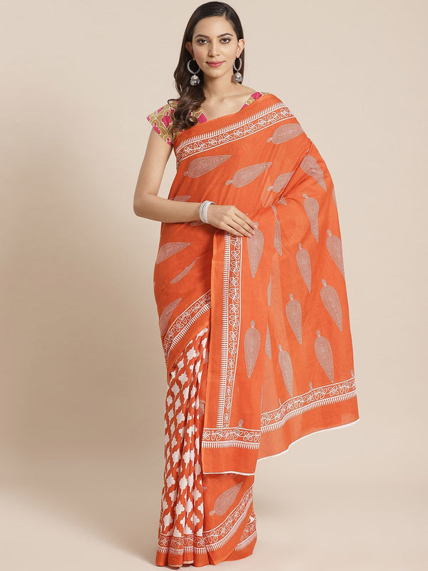 Wome Orange and White ethnic printed Saree with atteched blouse piece | NOZ2TOZ - Made In INDIA.