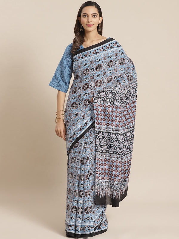 Wome Blue and Green multi ethnic printed Saree with atteched blouse piece | NOZ2TOZ - Made In INDIA.