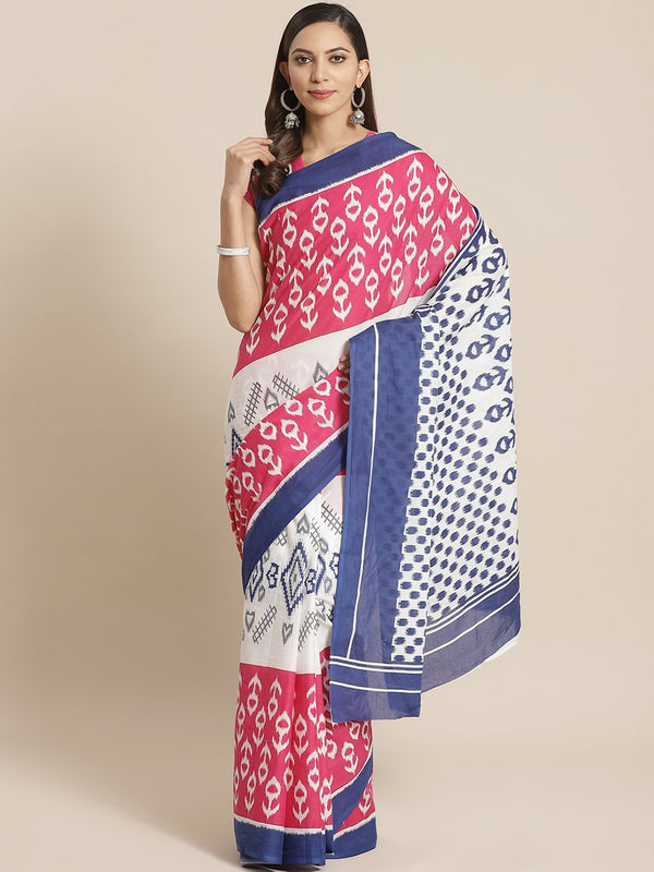 Wome Pink and White aztec printed Saree with atteched blouse piece | NOZ2TOZ - Made In INDIA.