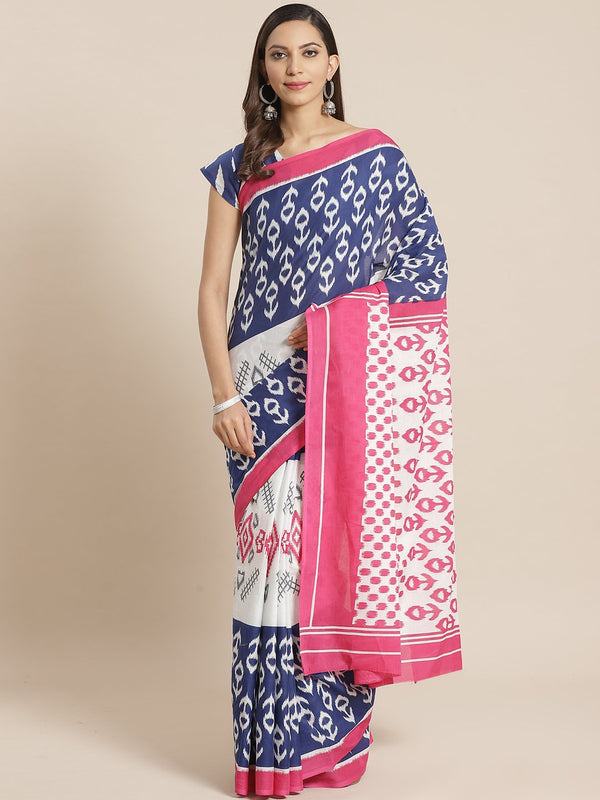 Wome Pink and White aztec printed Saree with atteched blouse piece | NOZ2TOZ - Made In INDIA.