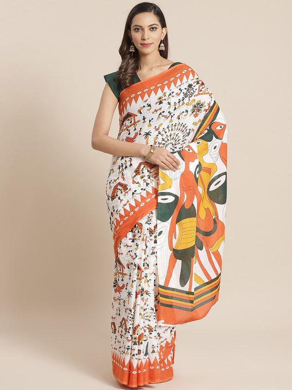 Wome White and Orange ethnic warli printed Saree with atteched blouse piece | NOZ2TOZ - Made In INDIA.