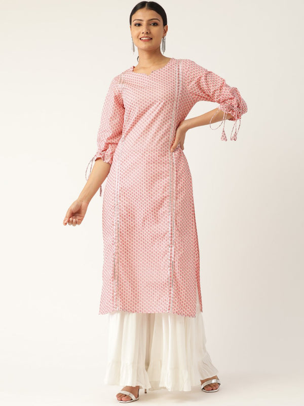 Women Baby Pink Calf Length Three-Quarter Sleeves Straight Floral Printed Cotton Kurta | NOZ2TOZ - Made In INDIA.