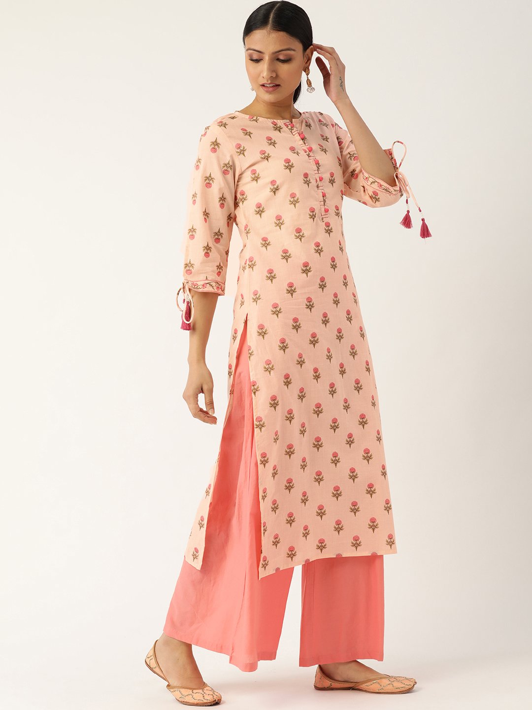 Women Peach Calf Length Three-Quarter Sleeves Straight Floral Printed Cotton Kurta | NOZ2TOZ - Made In INDIA.