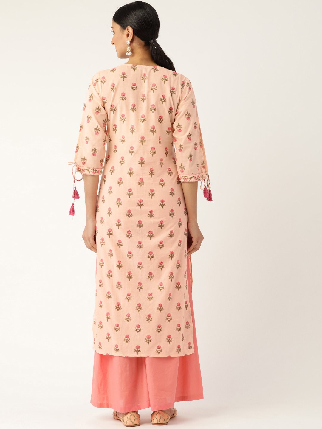 Women Peach Calf Length Three-Quarter Sleeves Straight Floral Printed Cotton Kurta | NOZ2TOZ - Made In INDIA.