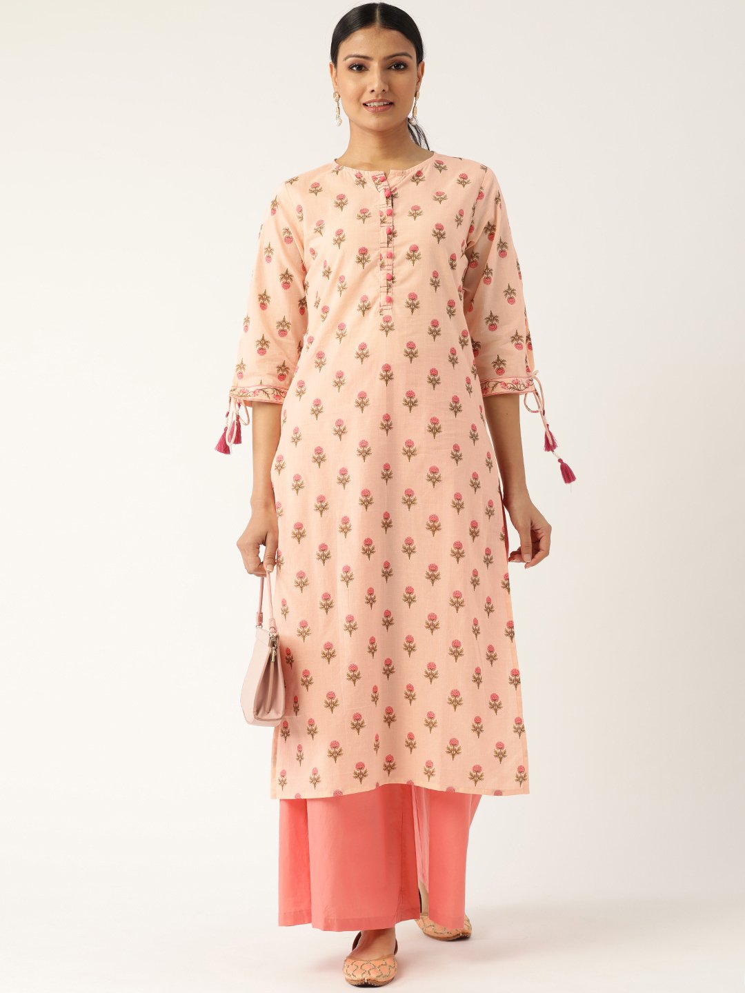 Women Peach Calf Length Three-Quarter Sleeves Straight Floral Printed Cotton Kurta | NOZ2TOZ - Made In INDIA.