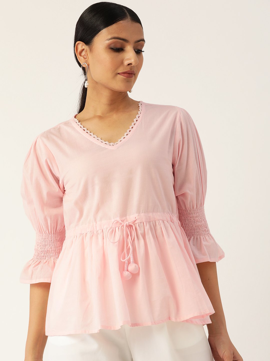 Women Pink Three-Quarter Sleeves Smocking Top | NOZ2TOZ - Made In INDIA.