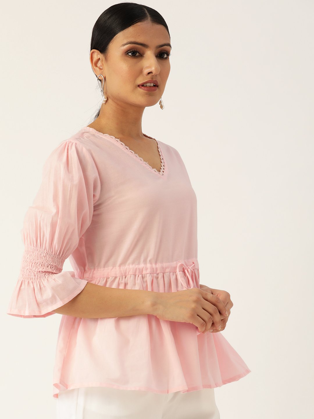 Women Pink Three-Quarter Sleeves Smocking Top | NOZ2TOZ - Made In INDIA.