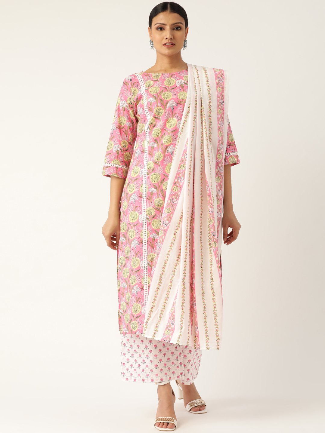 Women Pink & Off-White Printed Kurta with Palazzos & Dupatta | NOZ2TOZ - Made In INDIA.