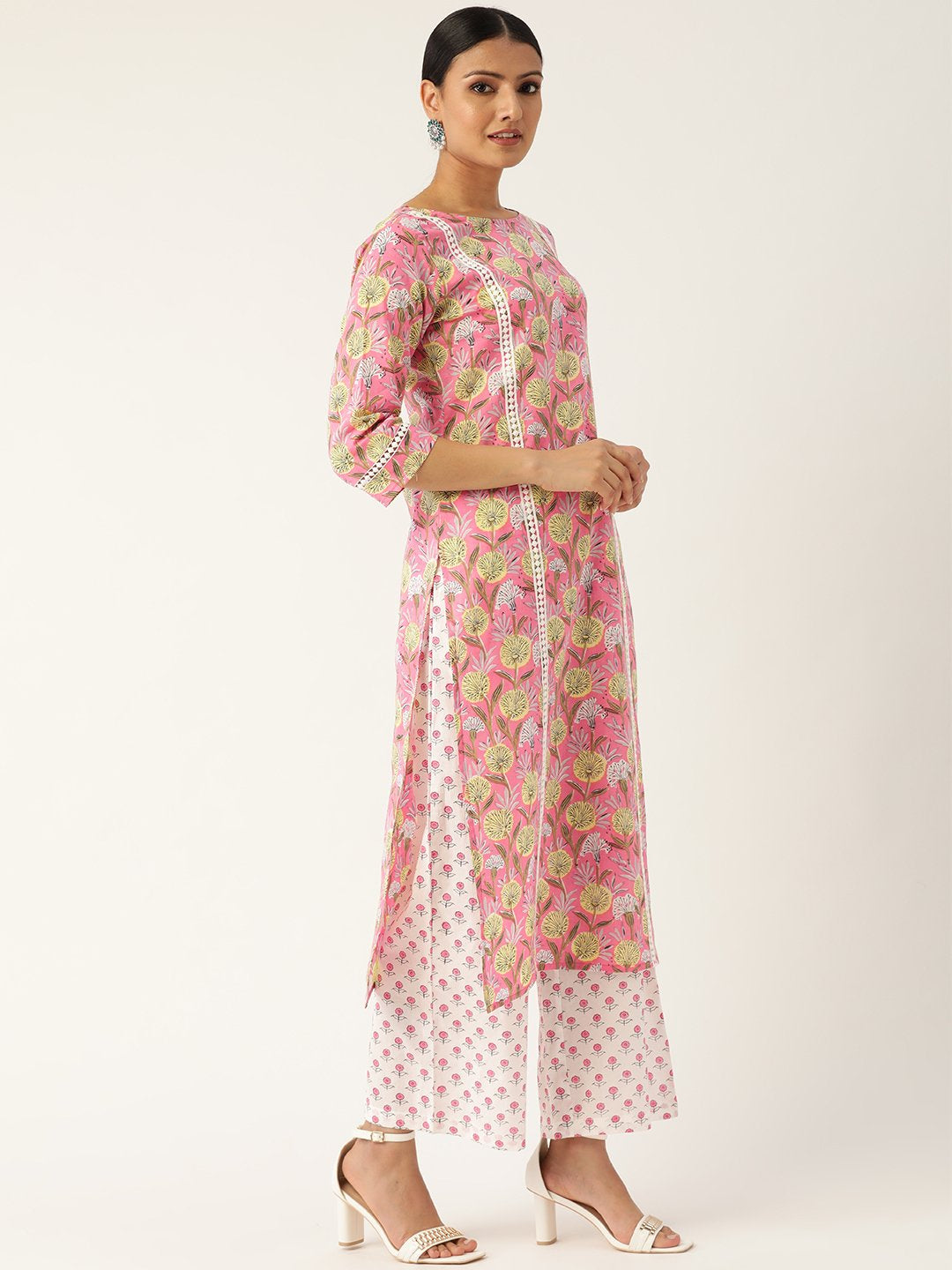 Women Pink & Off-White Printed Kurta with Palazzos & Dupatta | NOZ2TOZ - Made In INDIA.