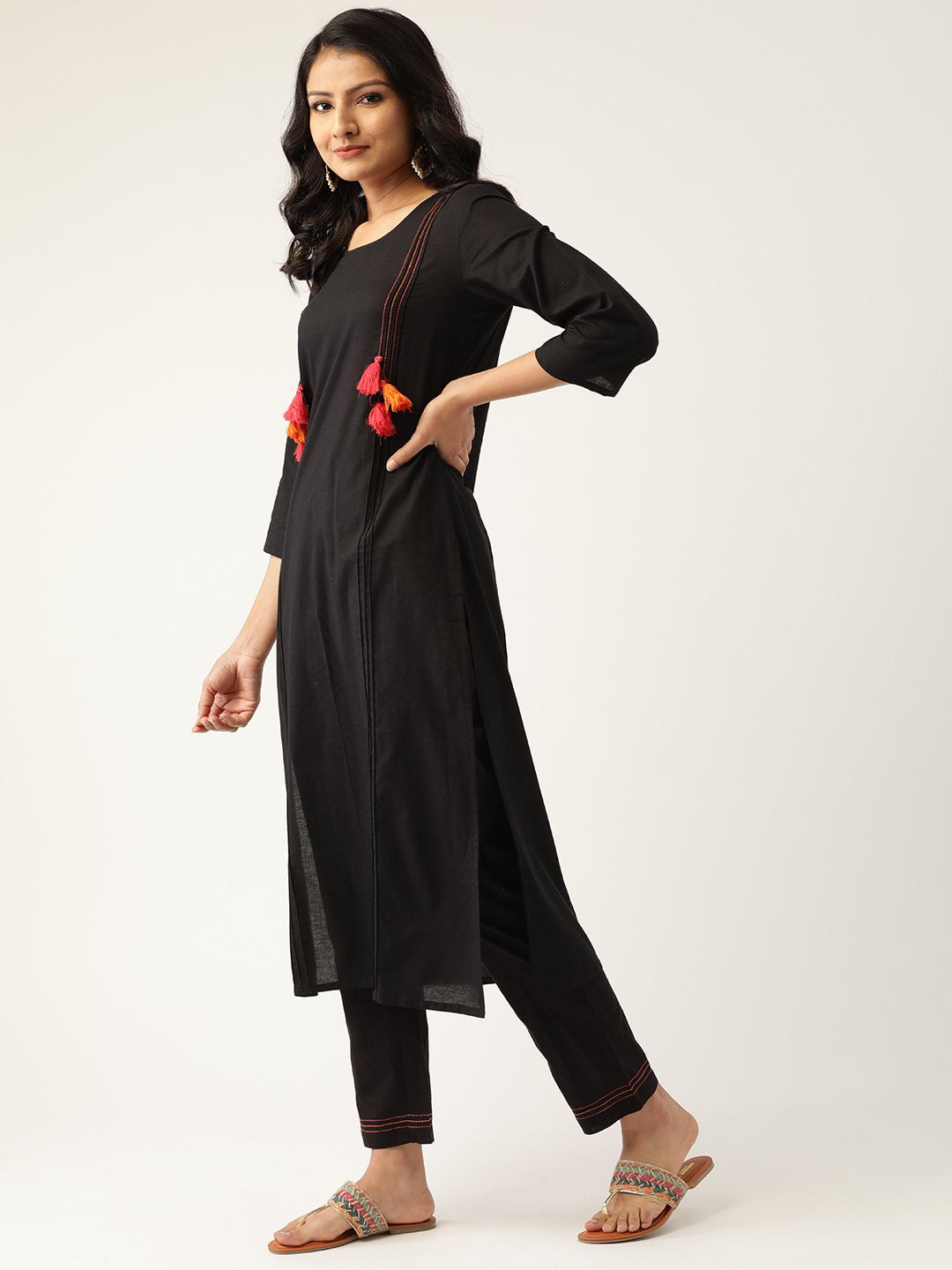 Women Black & Pink Solid Kurta with Trousers & Dupatta | NOZ2TOZ - Made In INDIA.