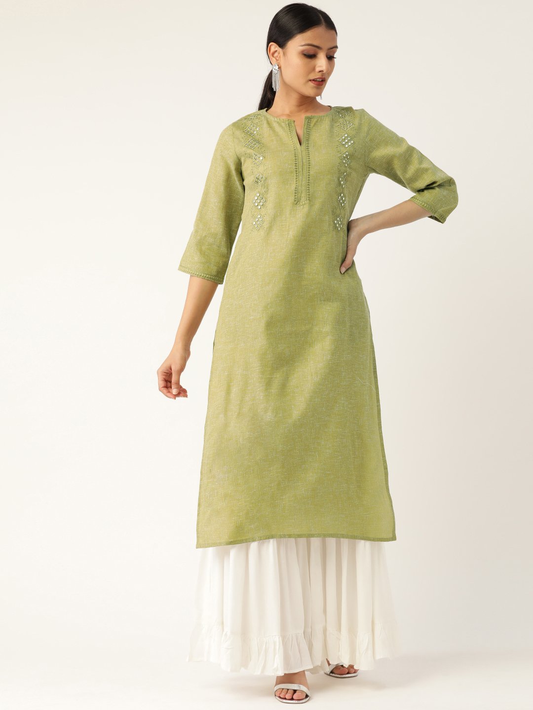 Women Green Calf Length Three-Quarter Sleeves Straight Solid Embroidered Cotton Kurta | NOZ2TOZ - Made In INDIA.