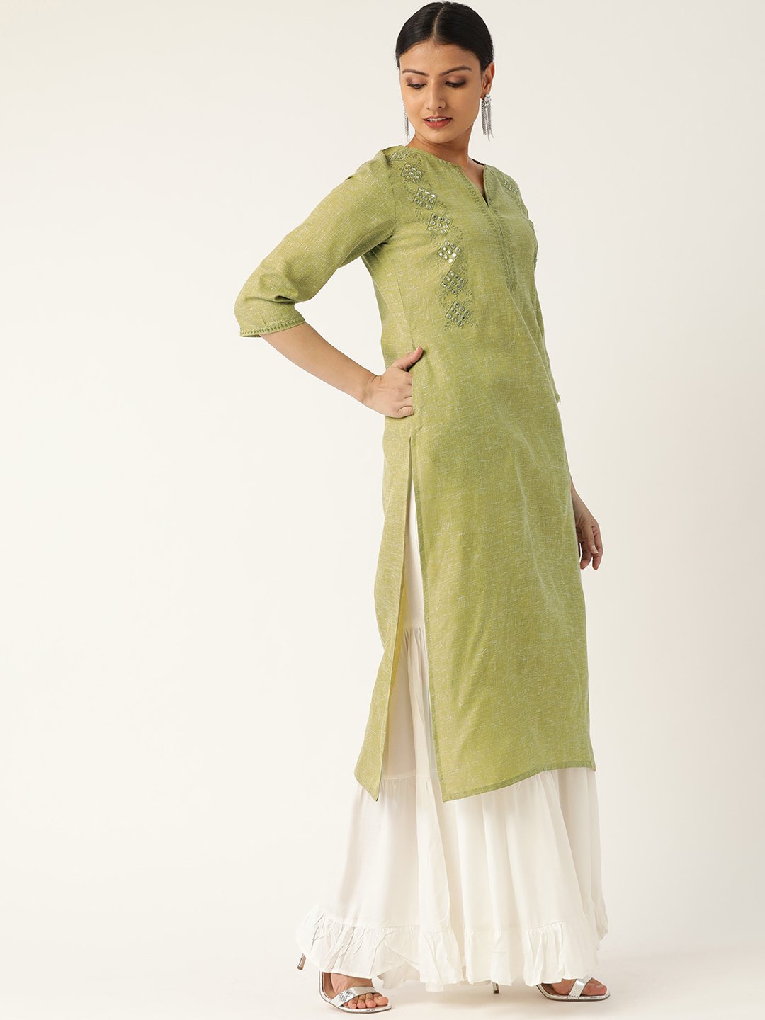 Women Green Calf Length Three-Quarter Sleeves Straight Solid Embroidered Cotton Kurta | NOZ2TOZ - Made In INDIA.