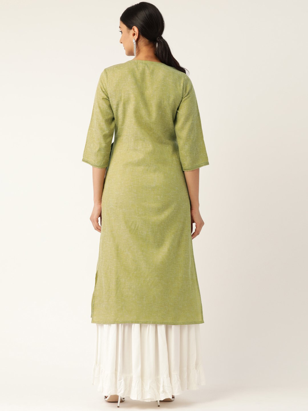 Women Green Calf Length Three-Quarter Sleeves Straight Solid Embroidered Cotton Kurta | NOZ2TOZ - Made In INDIA.