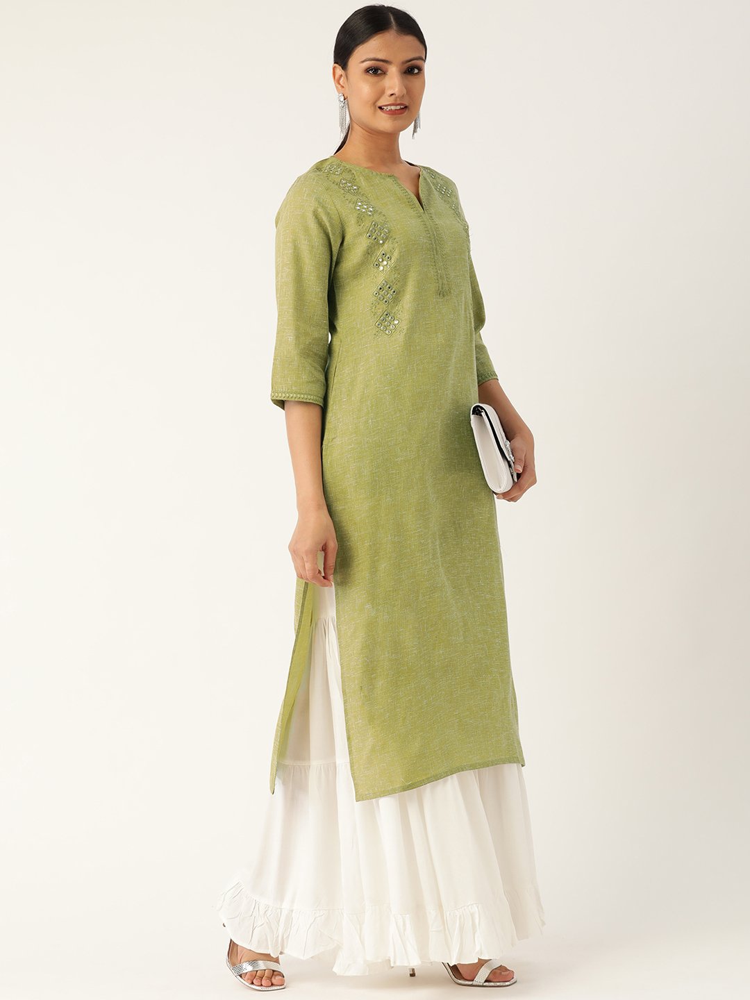 Women Green Calf Length Three-Quarter Sleeves Straight Solid Embroidered Cotton Kurta | NOZ2TOZ - Made In INDIA.