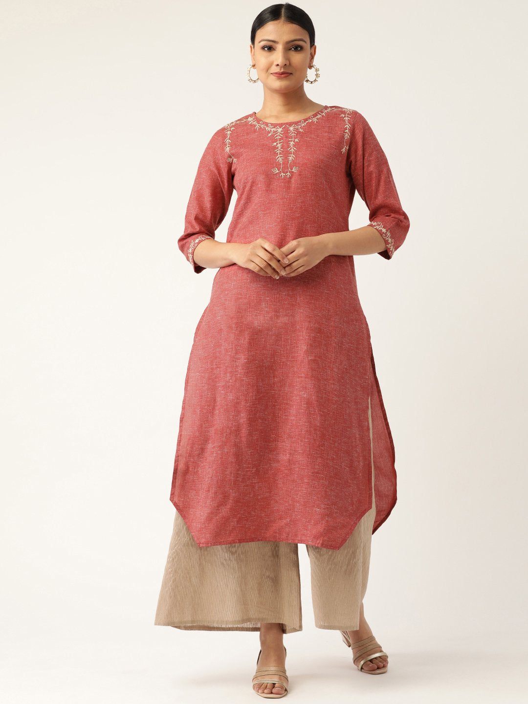 Women Maroon Calf Length Three-Quarter Sleeves Straight Solid Embroidered Cotton Kurta | NOZ2TOZ - Made In INDIA.