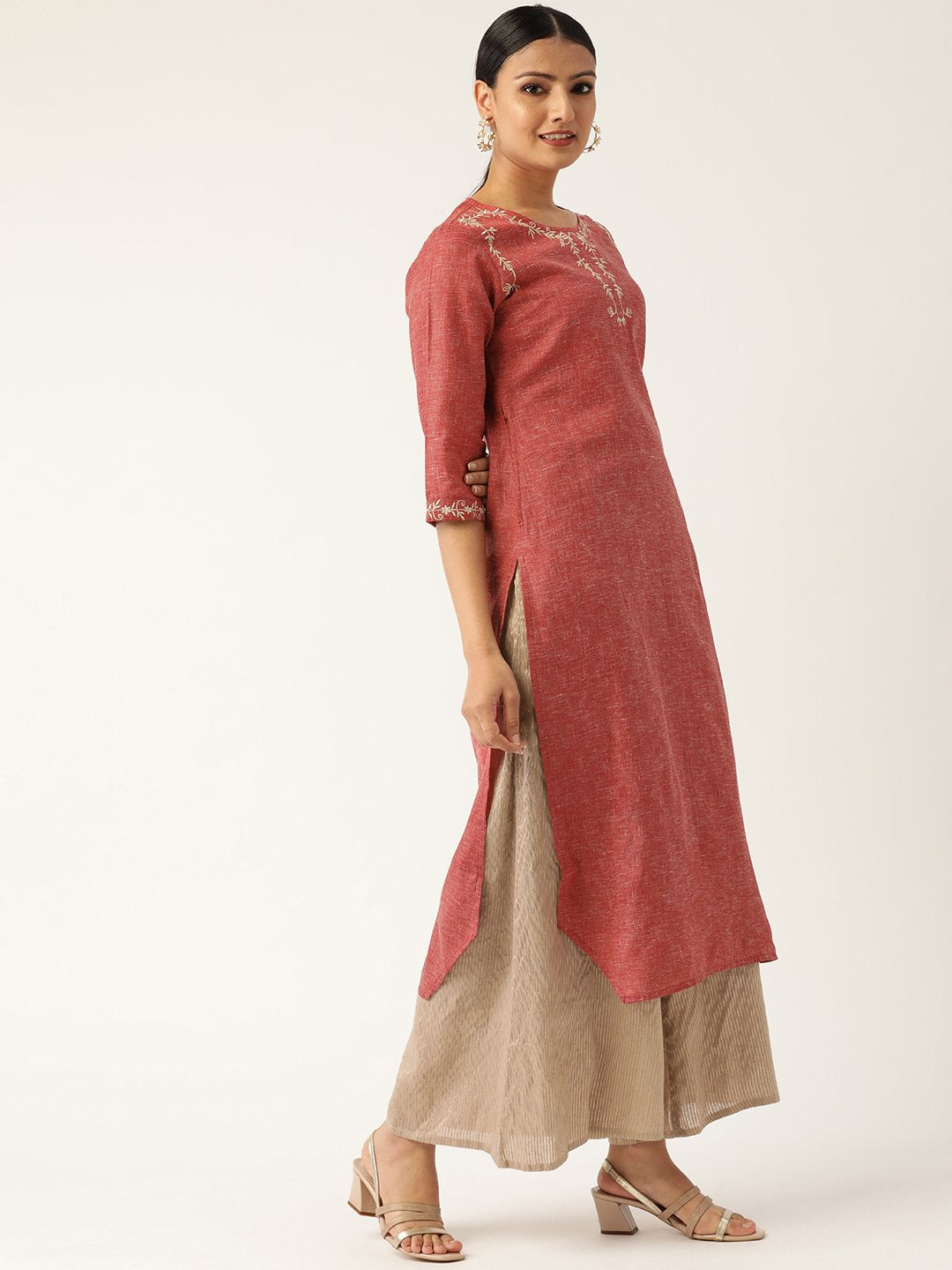 Women Maroon Calf Length Three-Quarter Sleeves Straight Solid Embroidered Cotton Kurta | NOZ2TOZ - Made In INDIA.