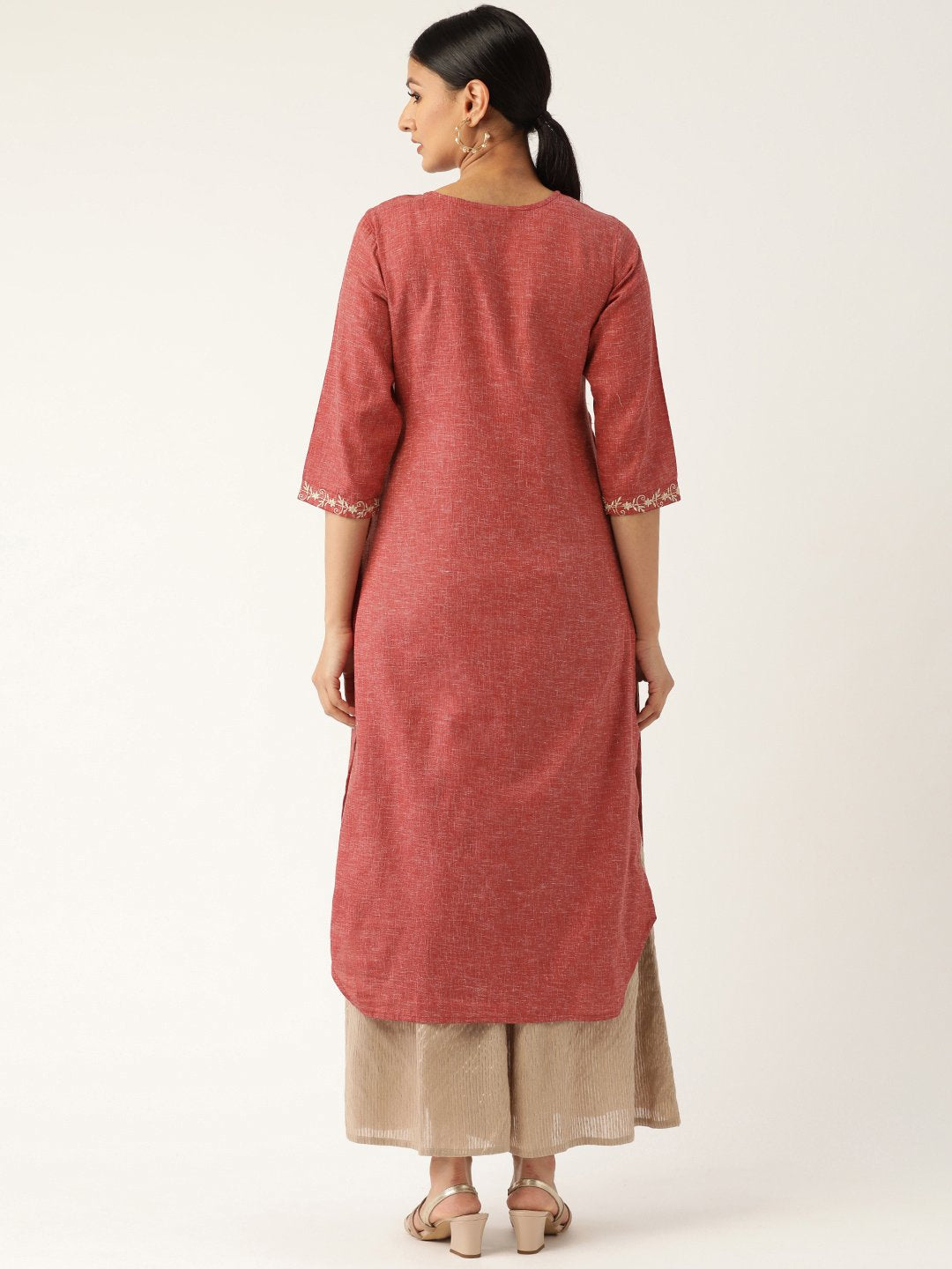 Women Maroon Calf Length Three-Quarter Sleeves Straight Solid Embroidered Cotton Kurta | NOZ2TOZ - Made In INDIA.