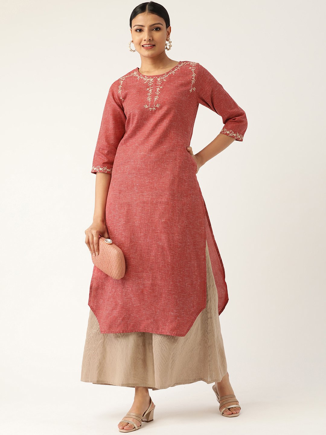 Women Maroon Calf Length Three-Quarter Sleeves Straight Solid Embroidered Cotton Kurta | NOZ2TOZ - Made In INDIA.