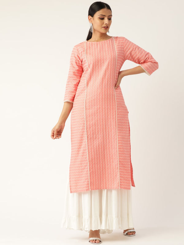 Women Pink Calf Length Three-Quarter Sleeves Straight Striped Striped Cotton Kurta | NOZ2TOZ - Made In INDIA.