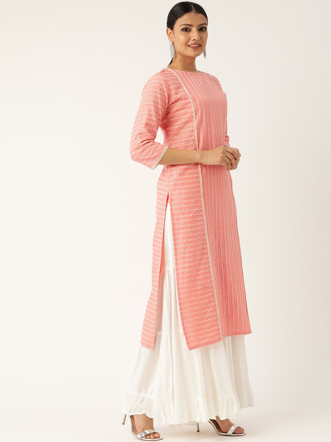 Women Pink Calf Length Three-Quarter Sleeves Straight Striped Striped Cotton Kurta | NOZ2TOZ - Made In INDIA.