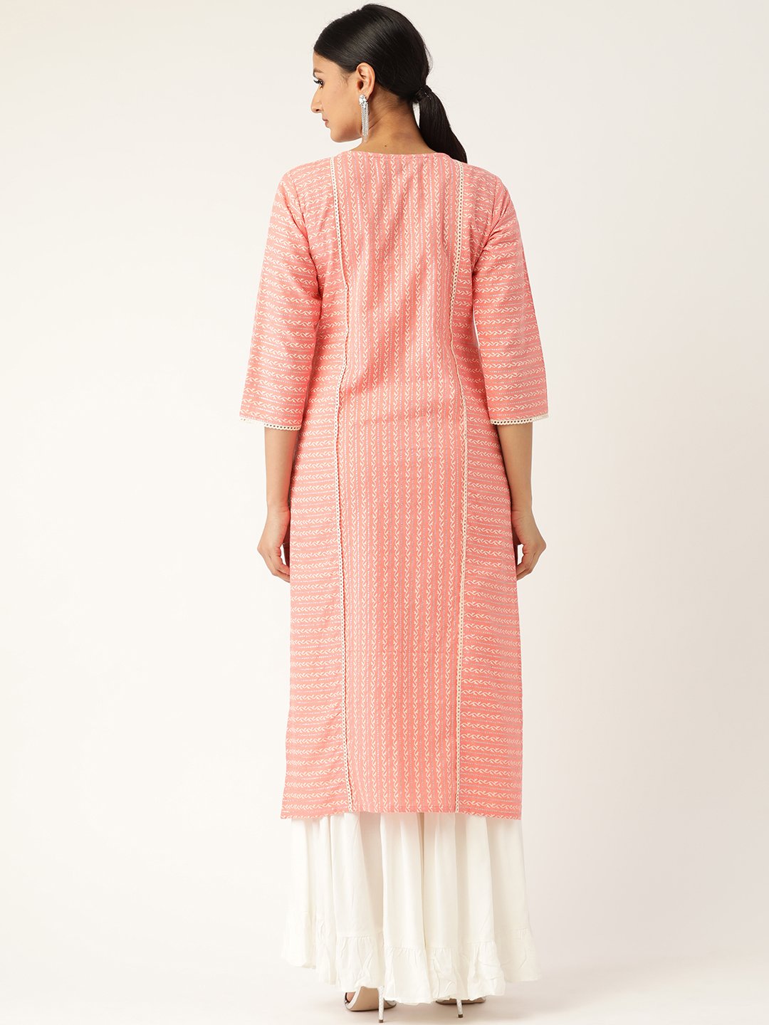 Women Pink Calf Length Three-Quarter Sleeves Straight Striped Striped Cotton Kurta | NOZ2TOZ - Made In INDIA.