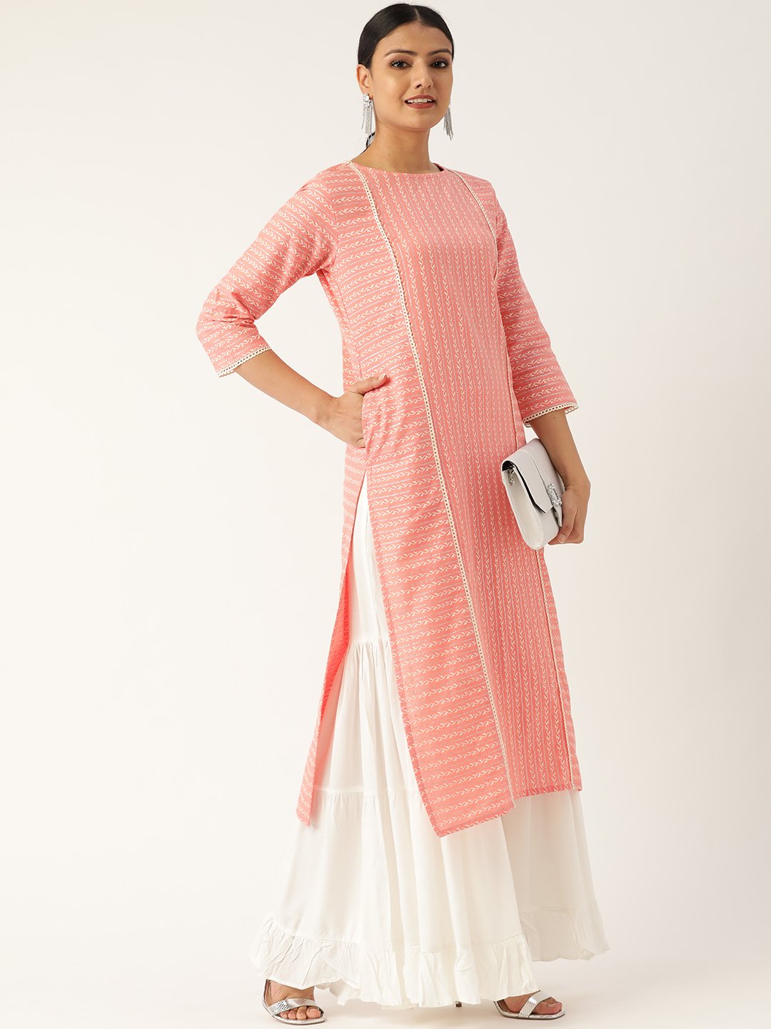 Women Pink Calf Length Three-Quarter Sleeves Straight Striped Striped Cotton Kurta | NOZ2TOZ - Made In INDIA.