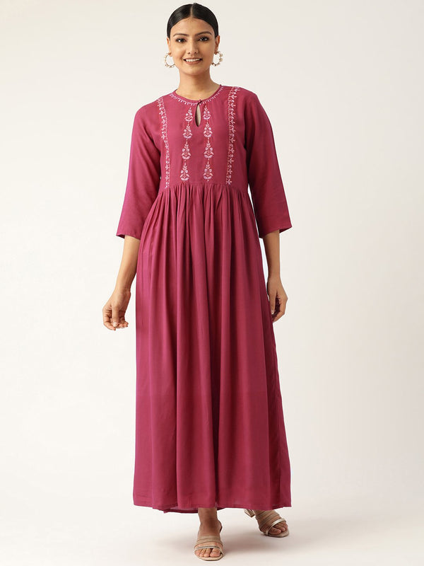 Women Pink Solid Solid Keyhole Neck Viscose Rayon Fit and Flare Dress | NOZ2TOZ - Made In INDIA.