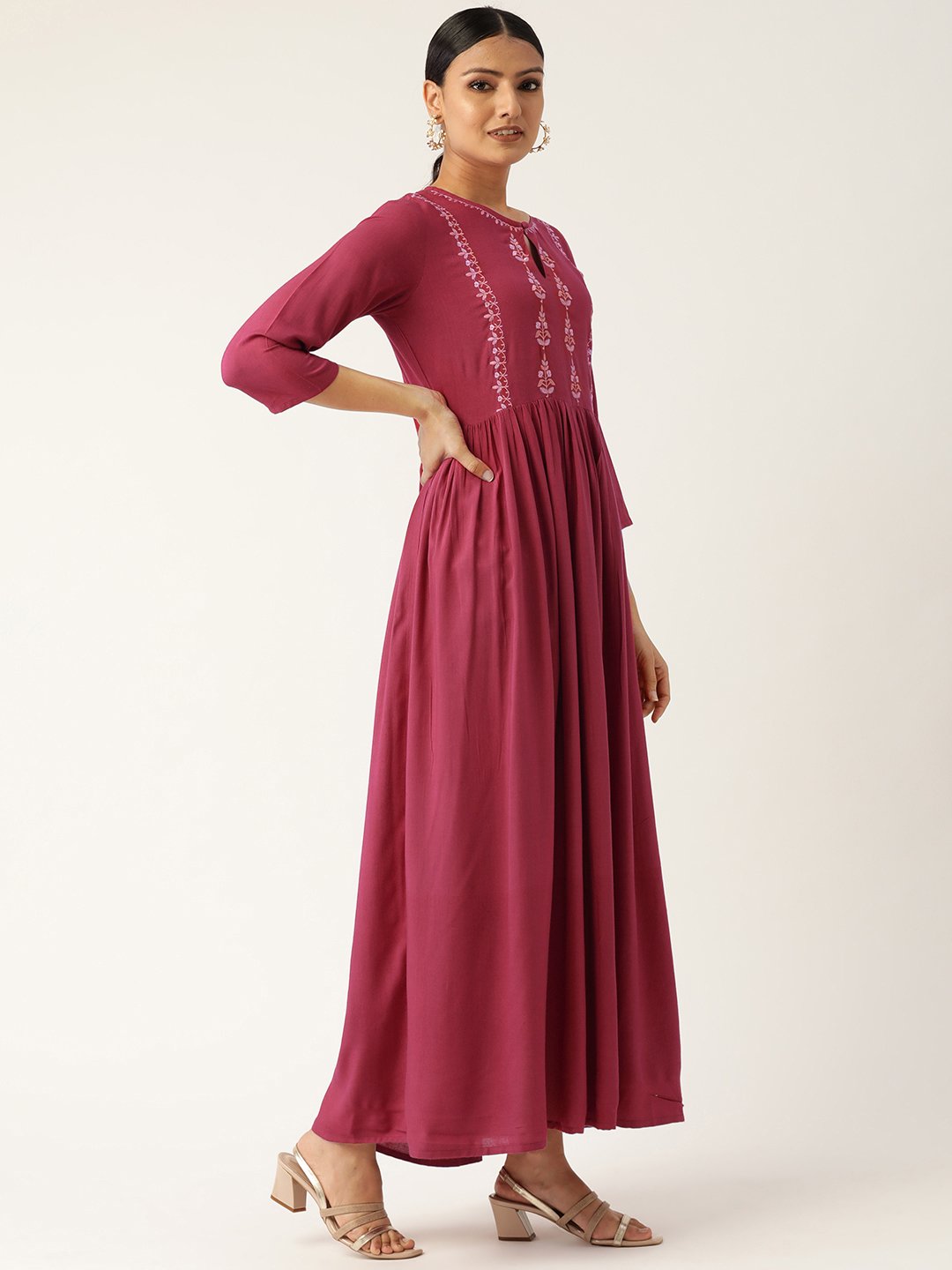 Women Pink Solid Solid Keyhole Neck Viscose Rayon Fit and Flare Dress | NOZ2TOZ - Made In INDIA.