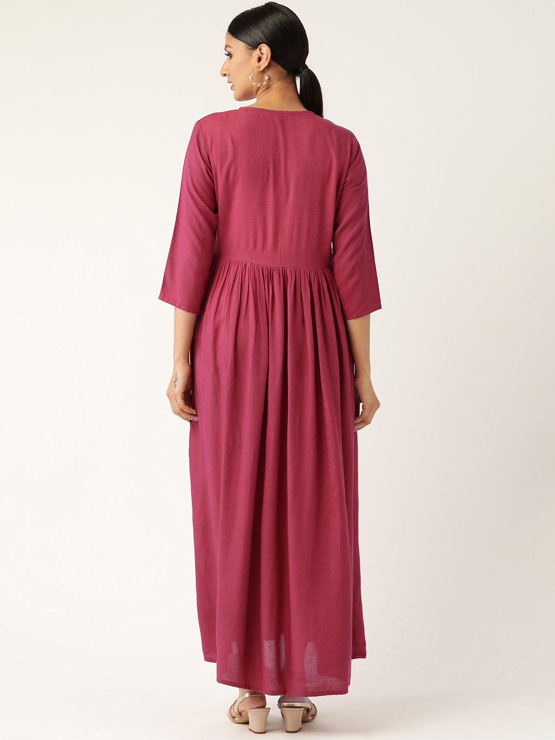 Women Pink Solid Solid Keyhole Neck Viscose Rayon Fit and Flare Dress | NOZ2TOZ - Made In INDIA.