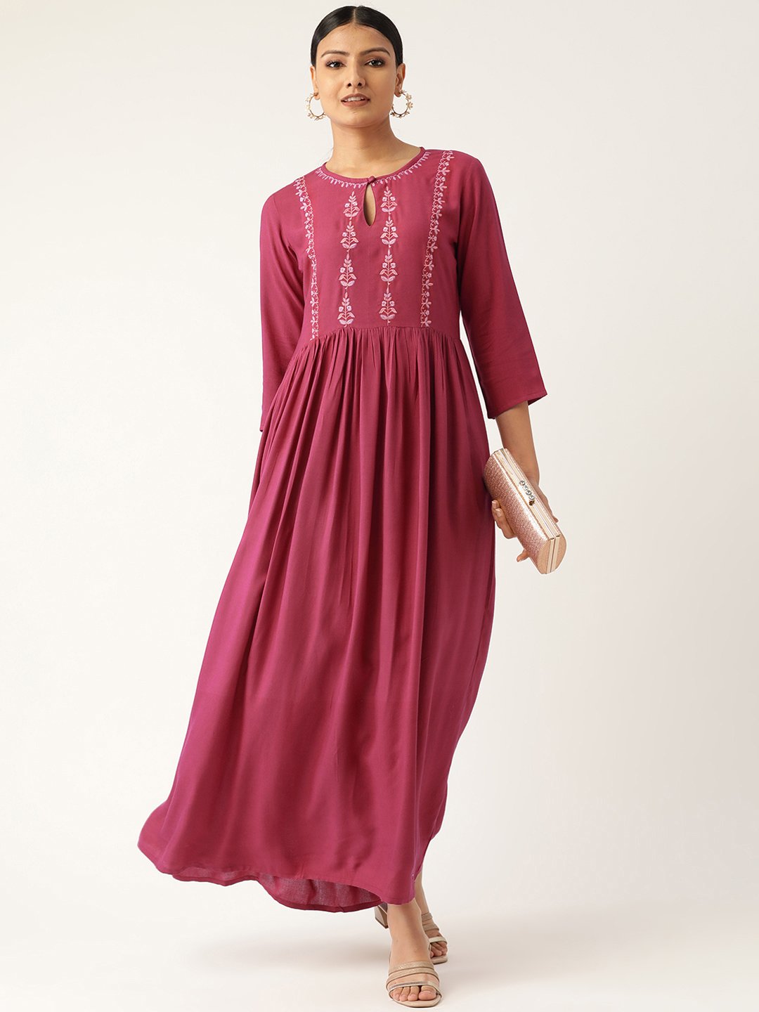 Women Pink Solid Solid Keyhole Neck Viscose Rayon Fit and Flare Dress | NOZ2TOZ - Made In INDIA.